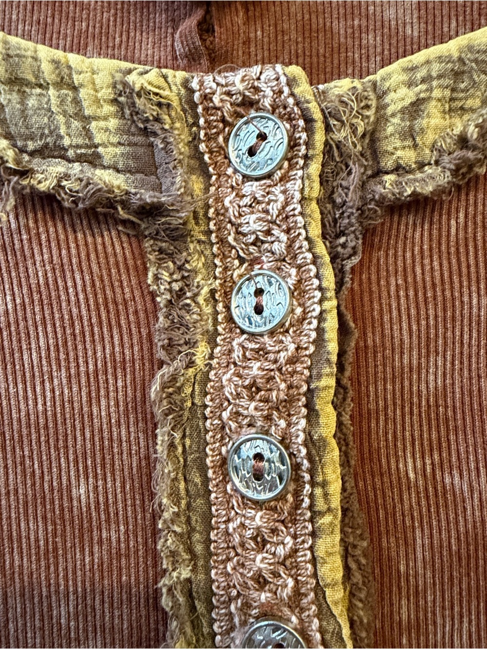 BNWT POL Solid Long Sleeve Round Neck Lace Trim Choco & Mustard Rib Knit Top
